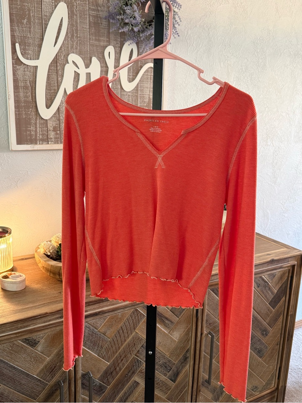 American Eagle Outfitters Coral-Red Long Sleeve Cropped Thermal Top